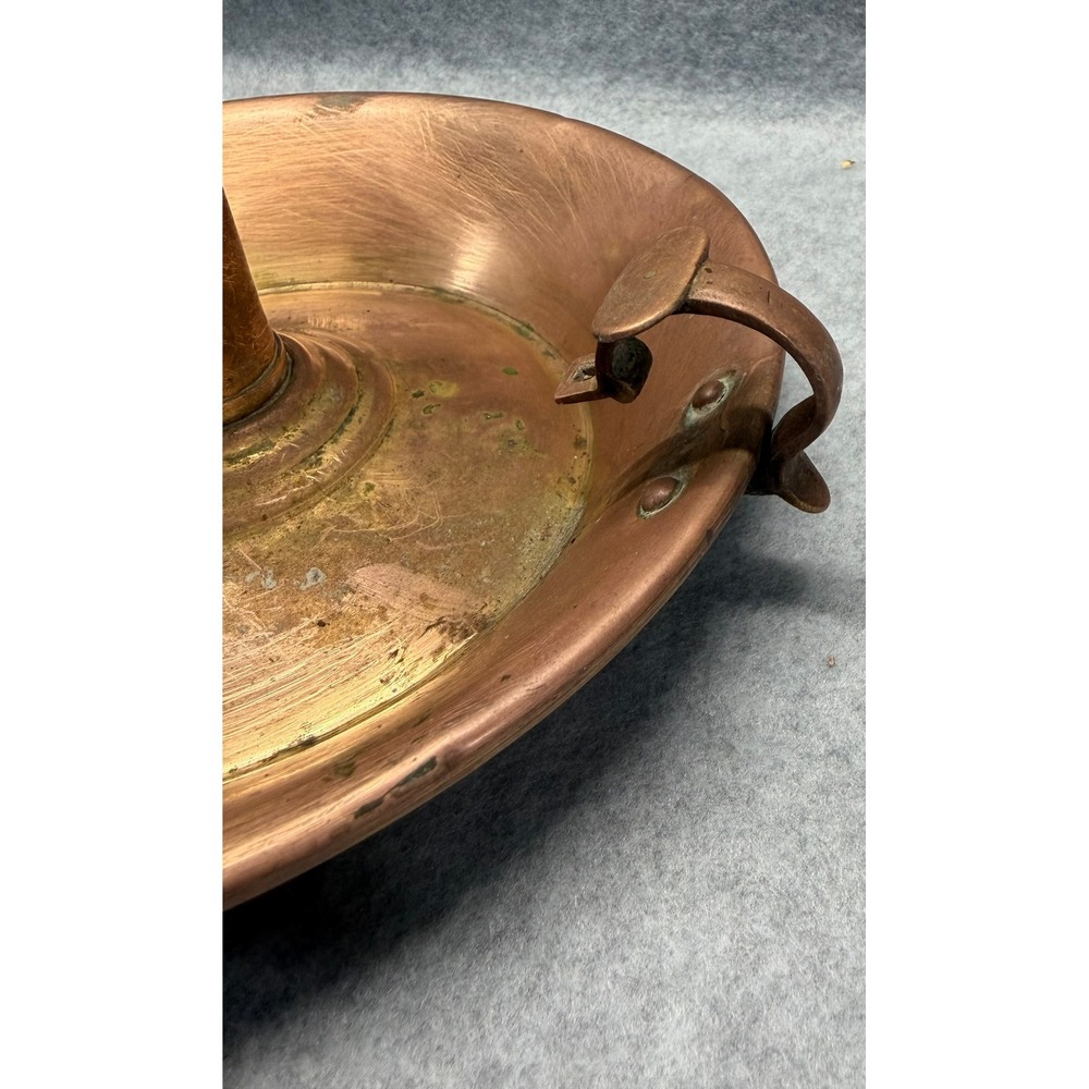 Antique Copper Chamberstick Candle Holder with Push Up Mechanism and Finger Loop - Picture 6 of 13
